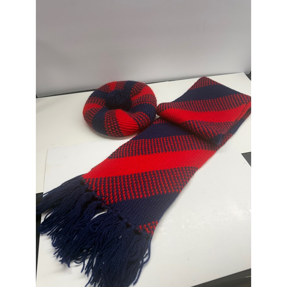 Vintage Japan Red Navy Blue Knit Beret Hat and Fringe Scarf Set WPL 12931